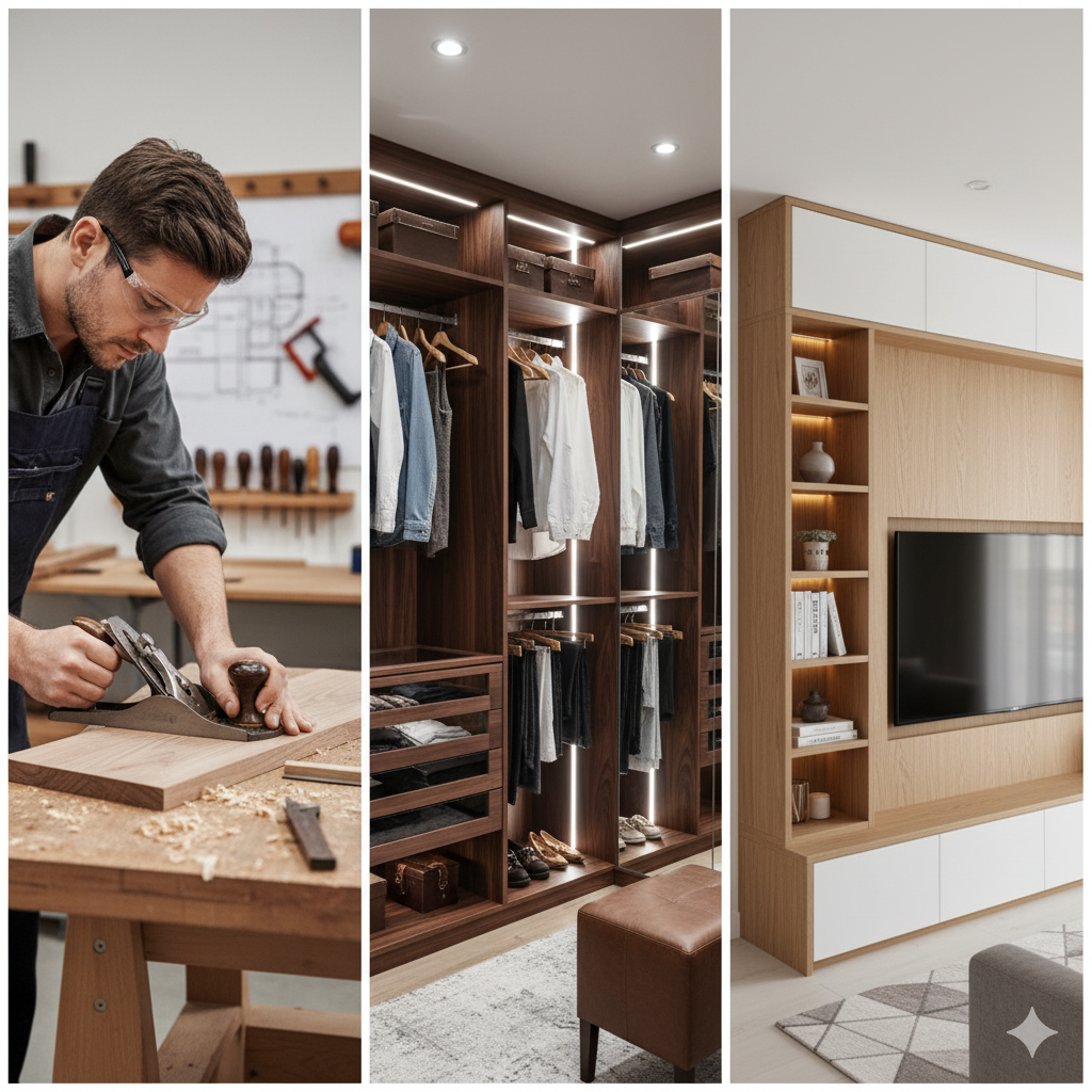 A collage of custom carpentry and furnishing work.